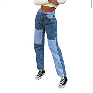 Patchwork high-waisted straight slight flare jeans